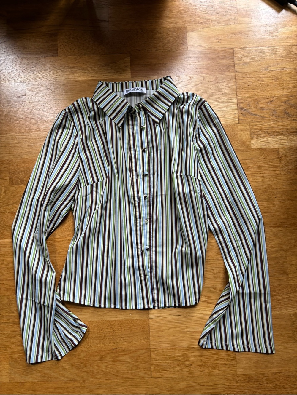 Princess Polly Striped Button-Down Shirt in Green, Brown, White